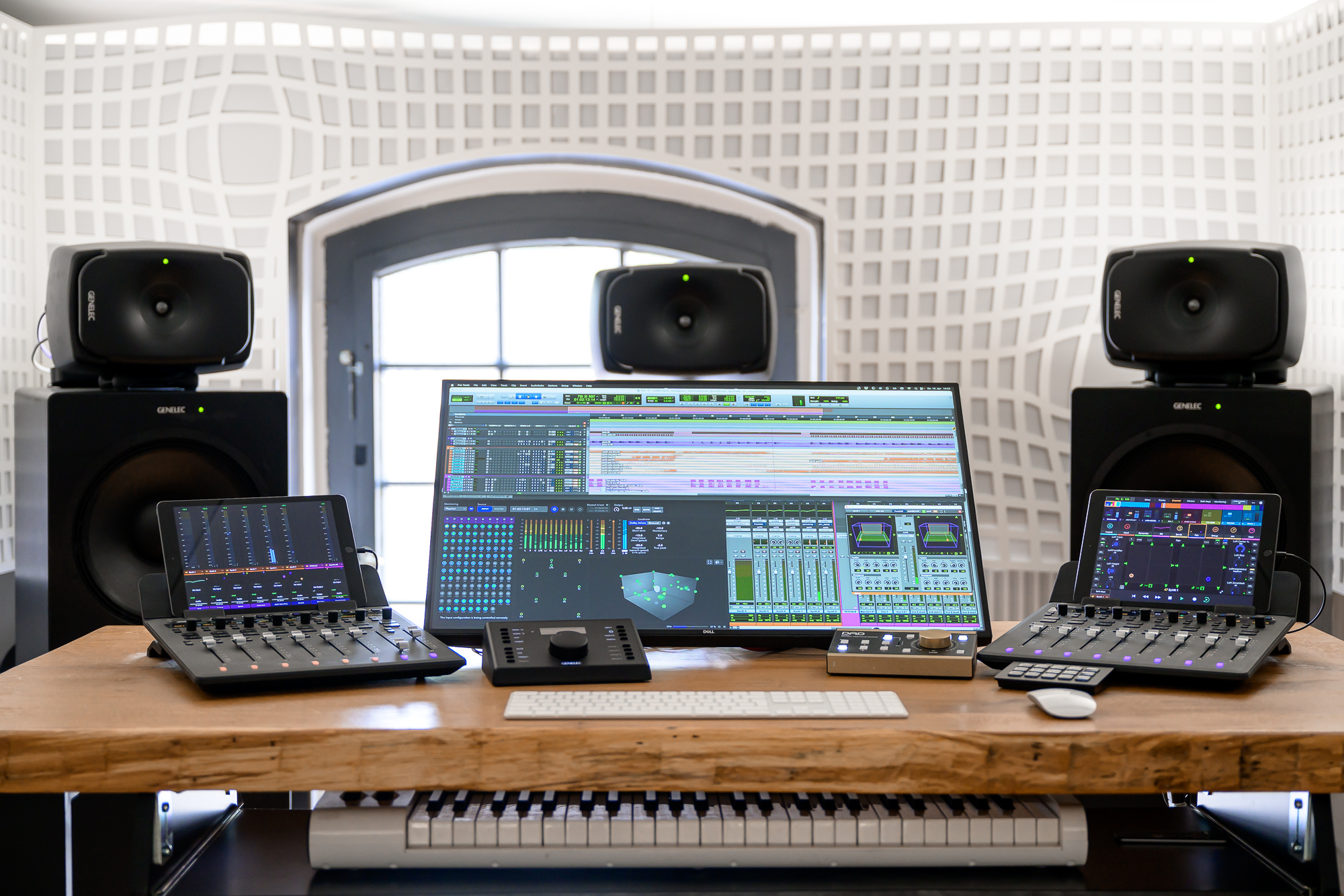 Eric Horstmann's Immersive Lab studio with Dolby Atmos Renderer and Avid Pro Tools software plus controllers
