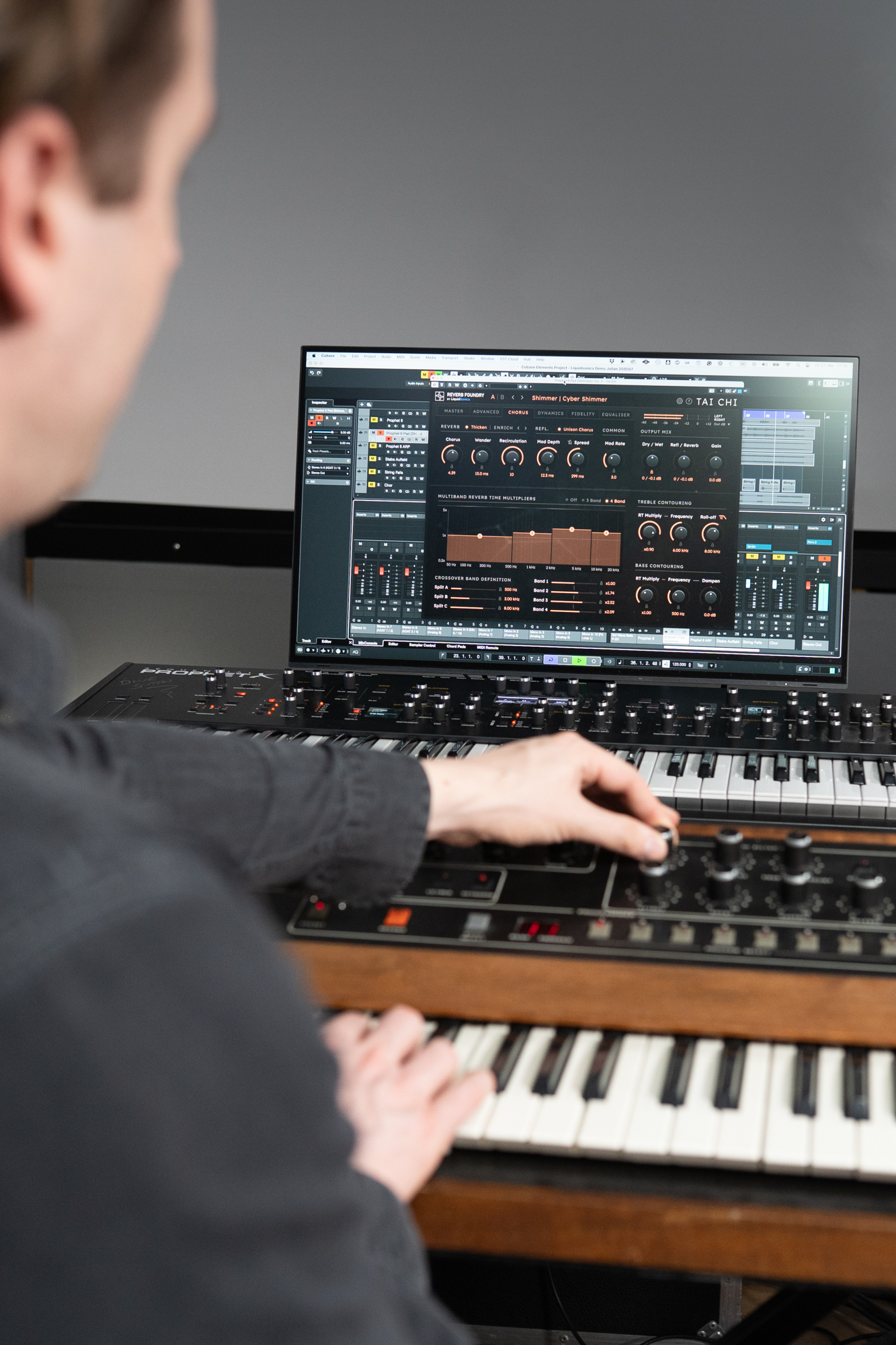LiquidSonics' Tai Chi plugin and Sequential Circuits Prophet 5 keyboard
