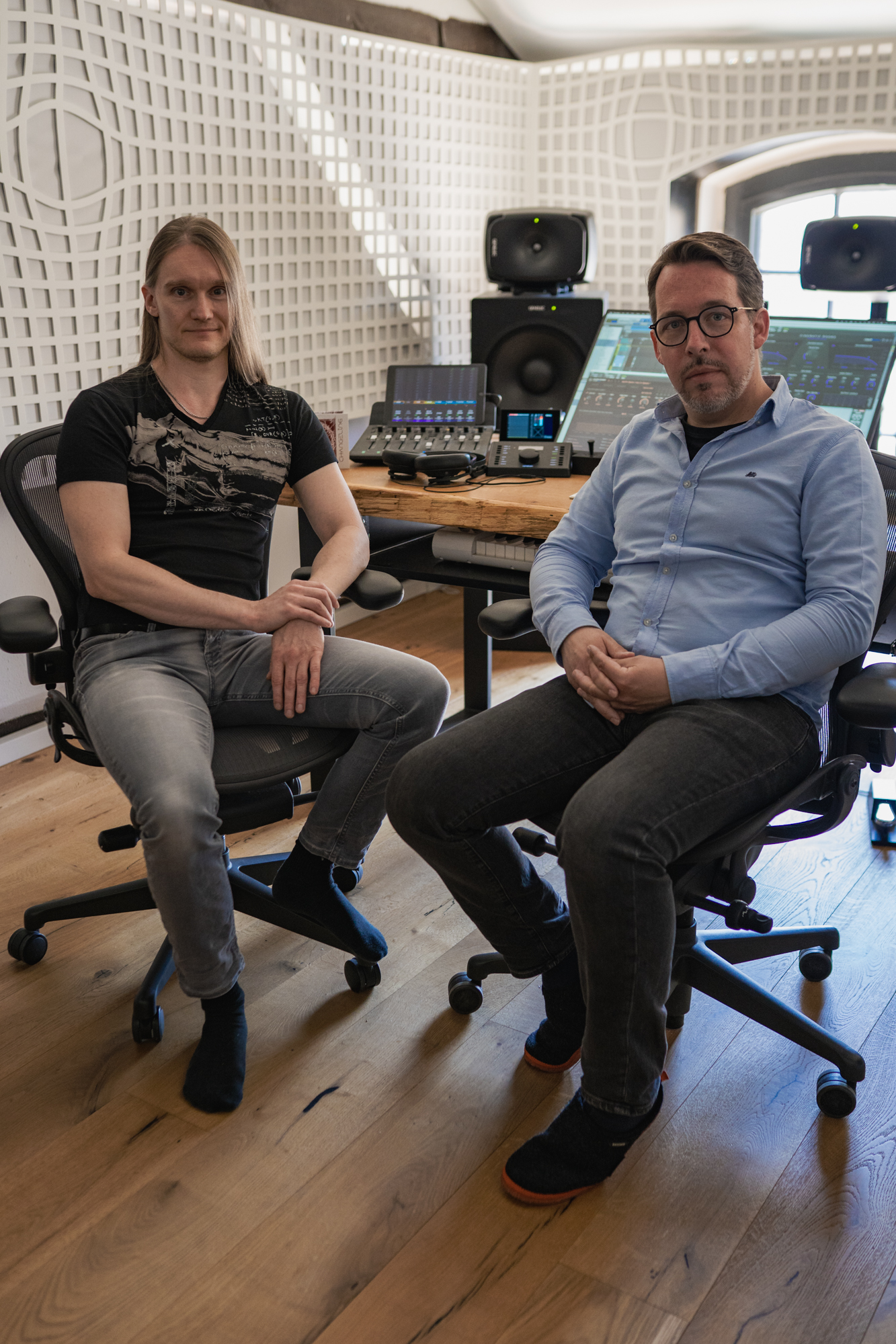 Tom Fountainhead and Eric Horstmann at Immersive Lab facing the camera. Tom and Eric teamed up for Changeling, mixing extreme metal in Dolby Atmos.