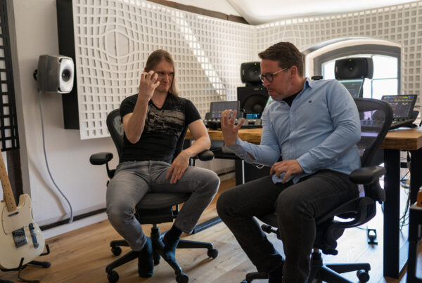 Tom Fountainhead and Eric Horstmann in the control room at Immersive Lab, where they mixed the metal project Changeling in Dolby Atmos
