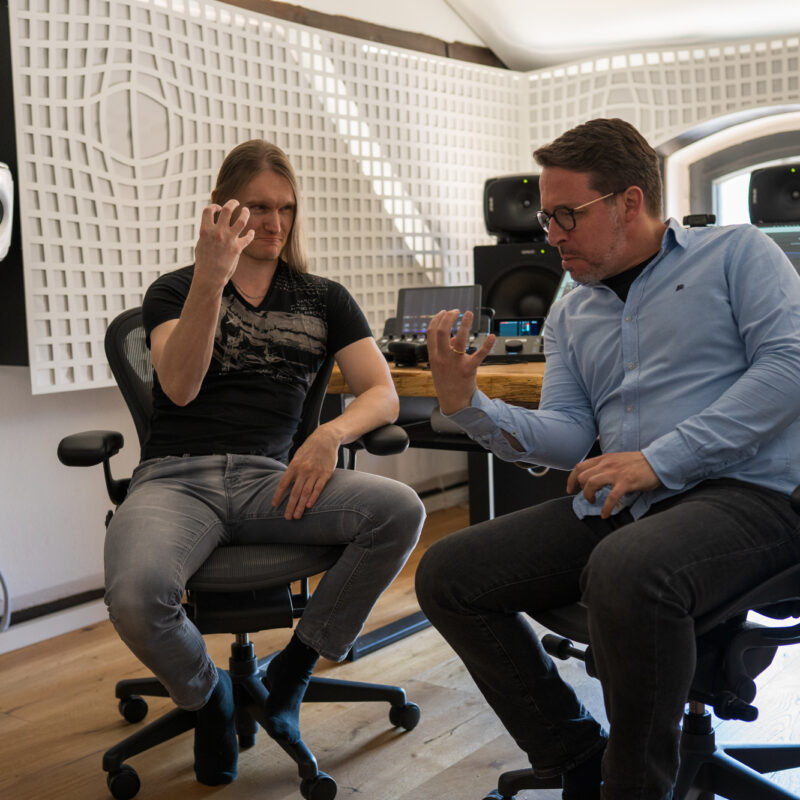 Tom Fountainhead and Eric Horstmann in the control room at Immersive Lab, where they mixed the metal project Changeling in Dolby Atmos