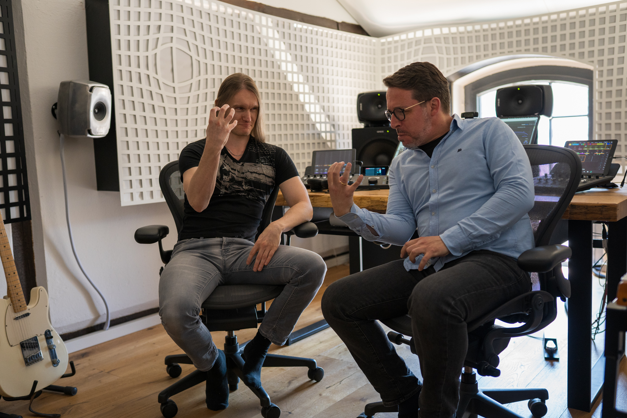 Tom Fountainhead and Eric Horstmann in the control room at Immersive Lab, where they mixed the metal project Changeling in Dolby Atmos