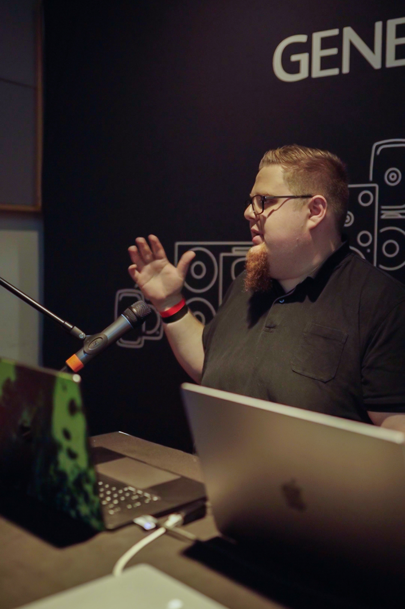 Immersive mixing engineer Leo Elsner in the Genelec-equipped Atmos room at Beatcon 2025.