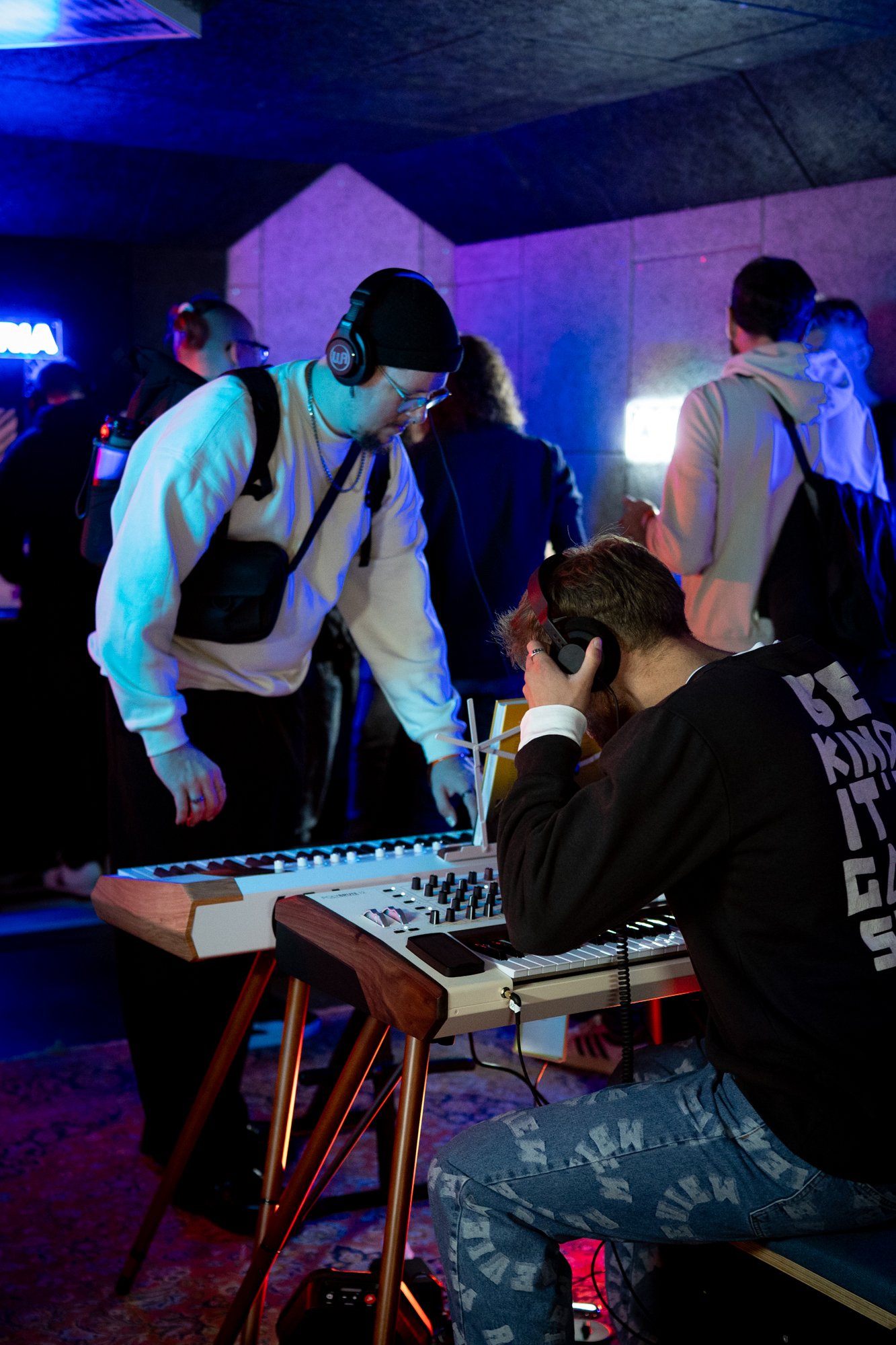 Young musicians and producers with keyboards at Beatcon 2025.