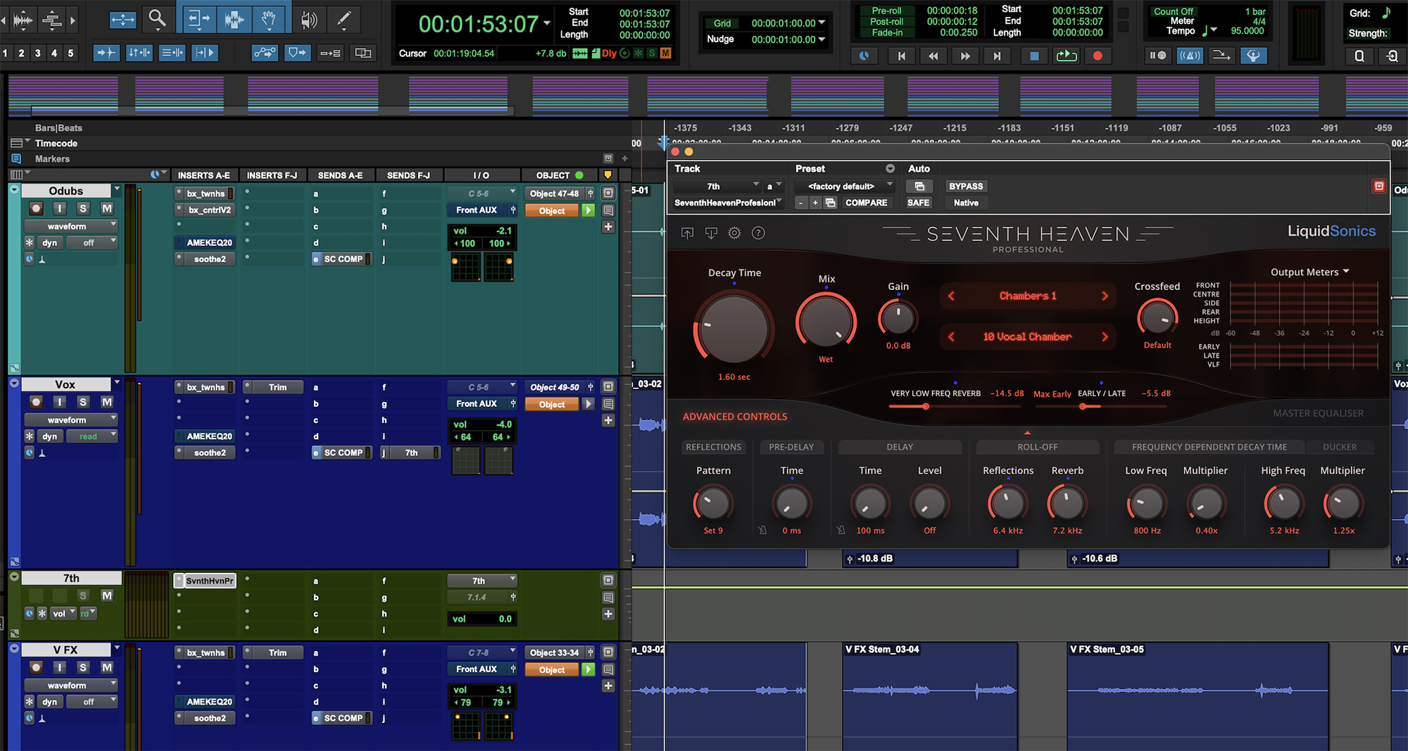 Screenshot of the Pro Tools session for Mark Gittins' Judas Priest mix with the Seventh Heaven Professional plugin GUI on screen.