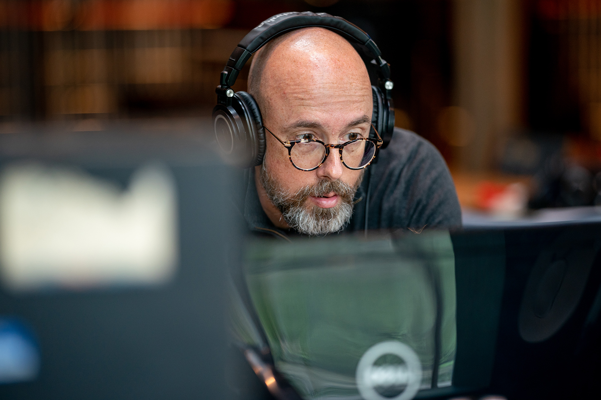 Grammy-winning engineer Hans-Martin Buff wearing headphones at Real World Studios.