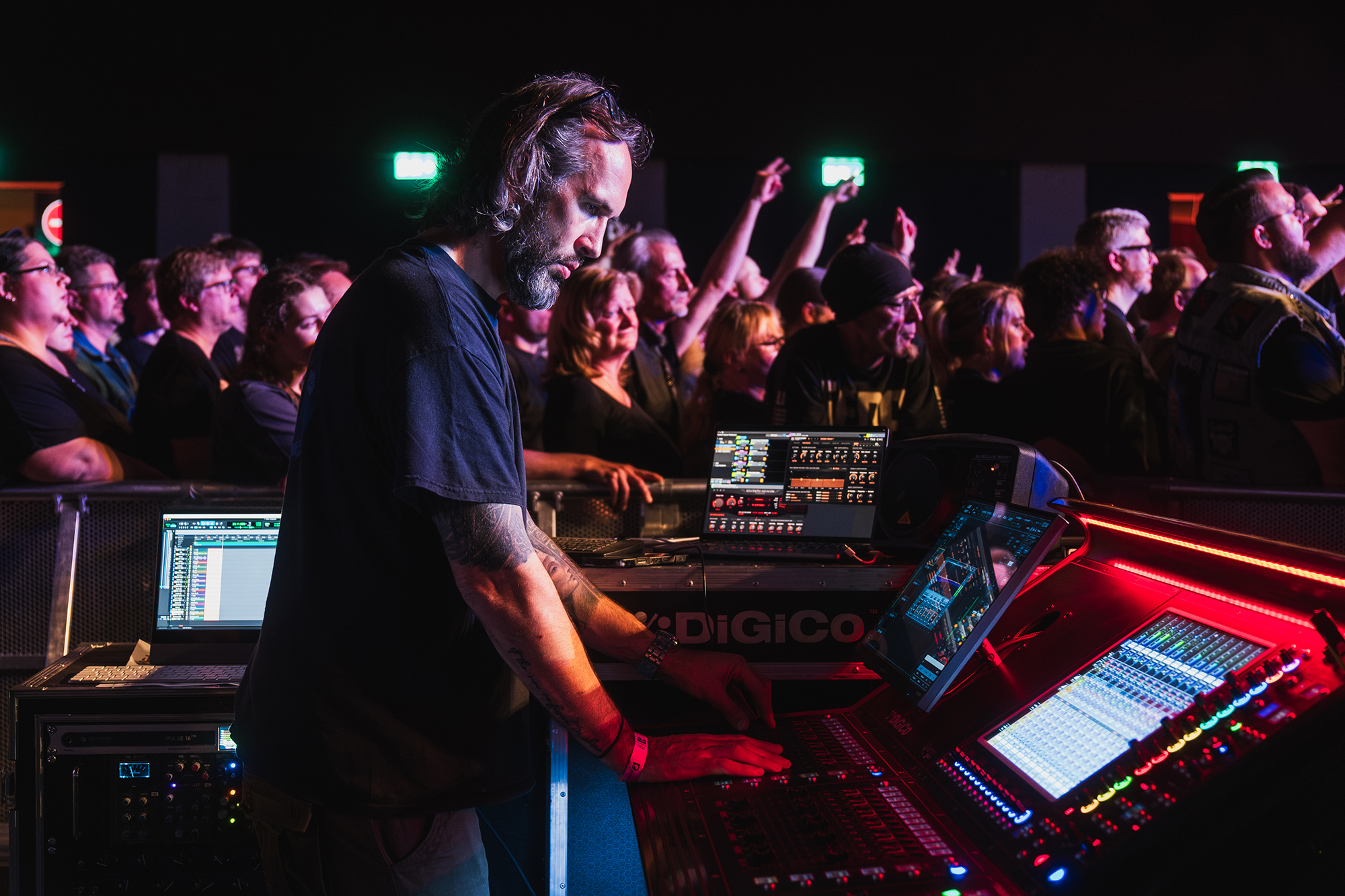 Blind Guardian's live sound engineer James Dunkley at front-of-house with a DiGiCo console.