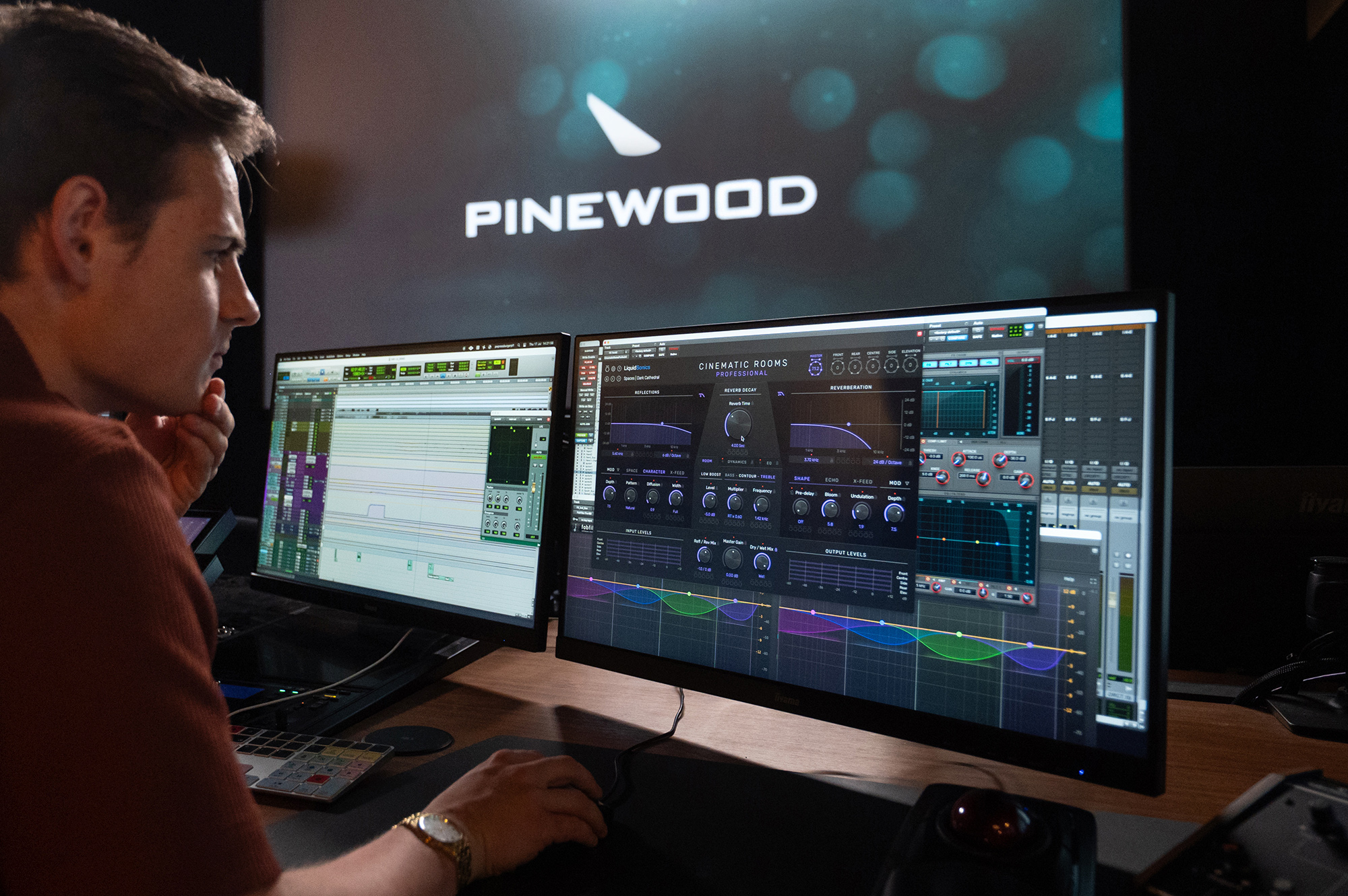 Fergus Pateman looking at the GUI of LiquidSonics' Cinematic Rooms Professional in Avid Pro Tools.