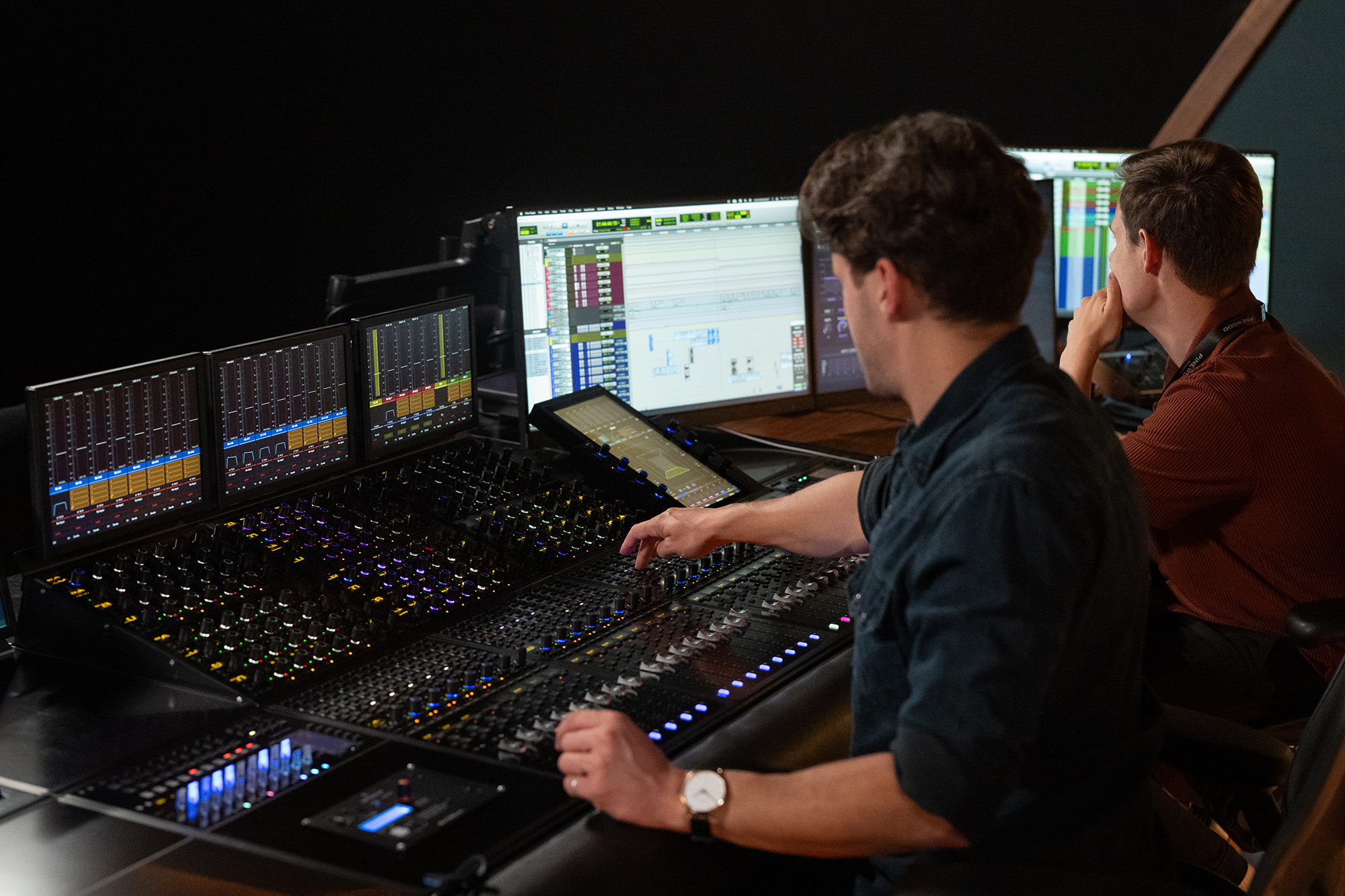 Jasper Thorn and Fergus Pateman at the Avid S6 console in the Pressburger Theatre.